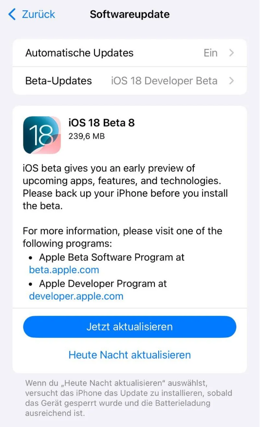 福泉苹果手机维修分享苹果 iOS / iPadOS 18 开发者预览版 Beta 8 发布 